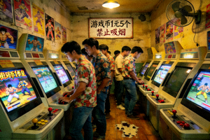 90年代经典街机厅内景，一排排街机前站满了玩家