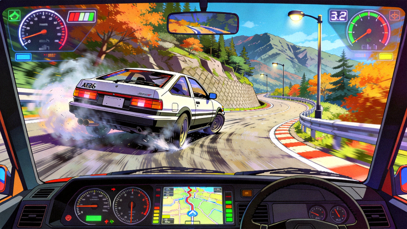 《头文字D》街机版游戏画面，AE86在秋名山弯道漂移